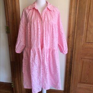 CROWN & IVY Pink Eyelet Tiered Baby Doll 3/4 Sleeve Dress Medium